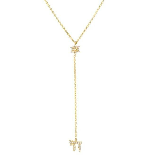 Star of David & Chai Lariat Necklace in Gold Plated 925 Sterling Silver, Cubic Zirconia