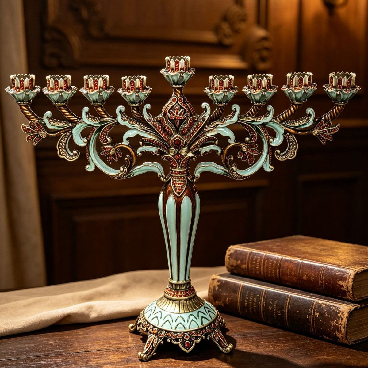 Grand Designer Hanukkah Menorah, Antique Copper & Mint Enamel, 36.5 cm Tall