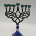 Designer Teal Enamel Hanukkah Menorah, Lapis Blue Base, 16 cm Tall