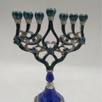 Designer Teal Enamel Hanukkah Menorah, Lapis Blue Base, 16 cm Tall