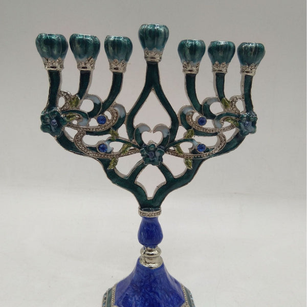 Designer Teal Enamel Hanukkah Menorah, Lapis Blue Base, 16 cm Tall