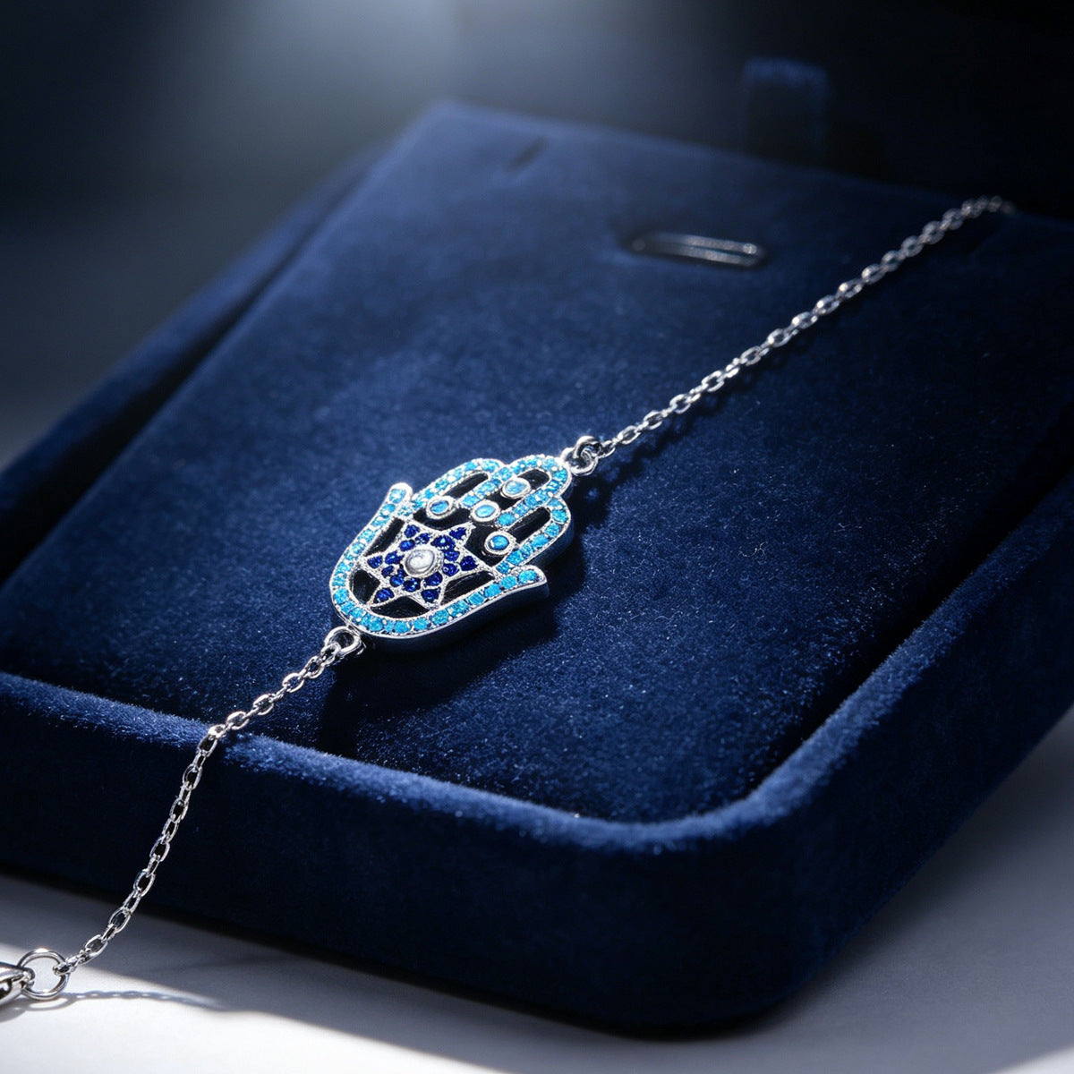 Hamsa Bracelet in 925 Sterling Silver, Turquoise & Blue Crystal