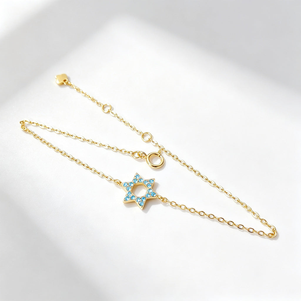 Star of David Bracelet in Gold Plated 925 Sterling Silver, Turquoise Crystal
