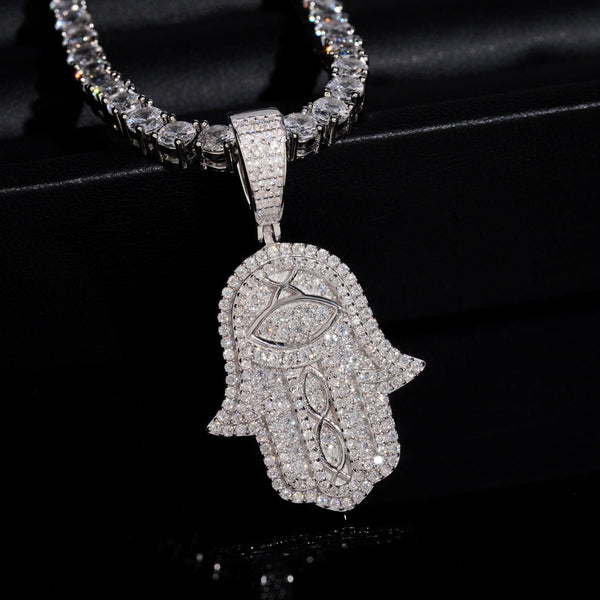 Hamsa Hand Necklace with Pavé Moissanite in 925 Sterling Silver, Evil Eye