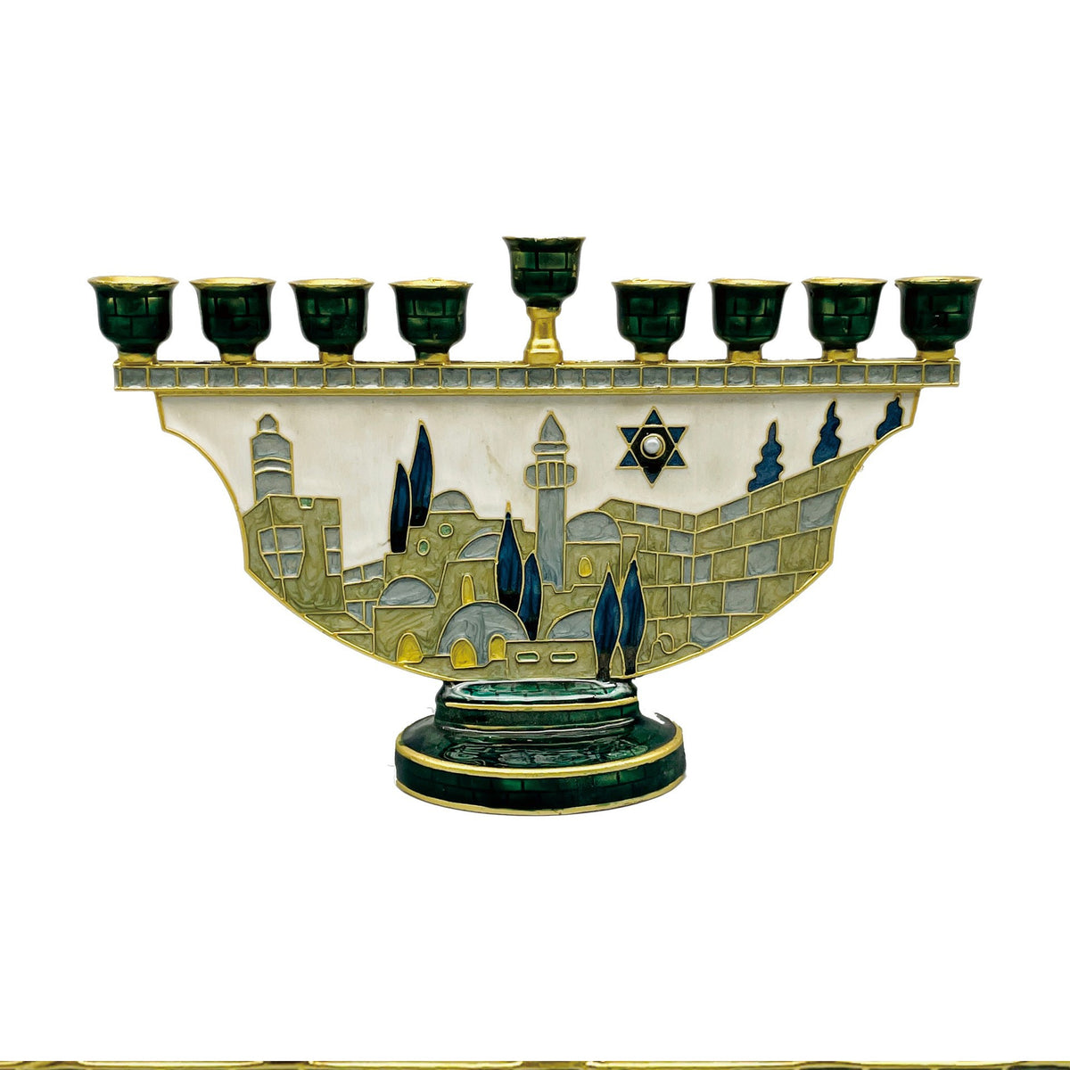 Designer Jerusalem Hanukkah Menorah, Enamel Old City Scene with Star of David
