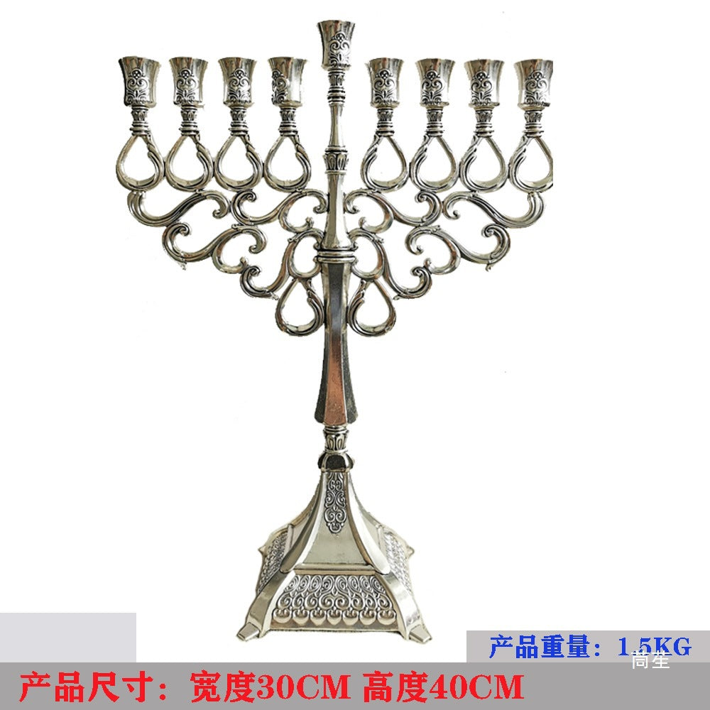 Grand Silver-Tone Hanukkah Menorah, Ornate Cast Design, 40 cm Tall