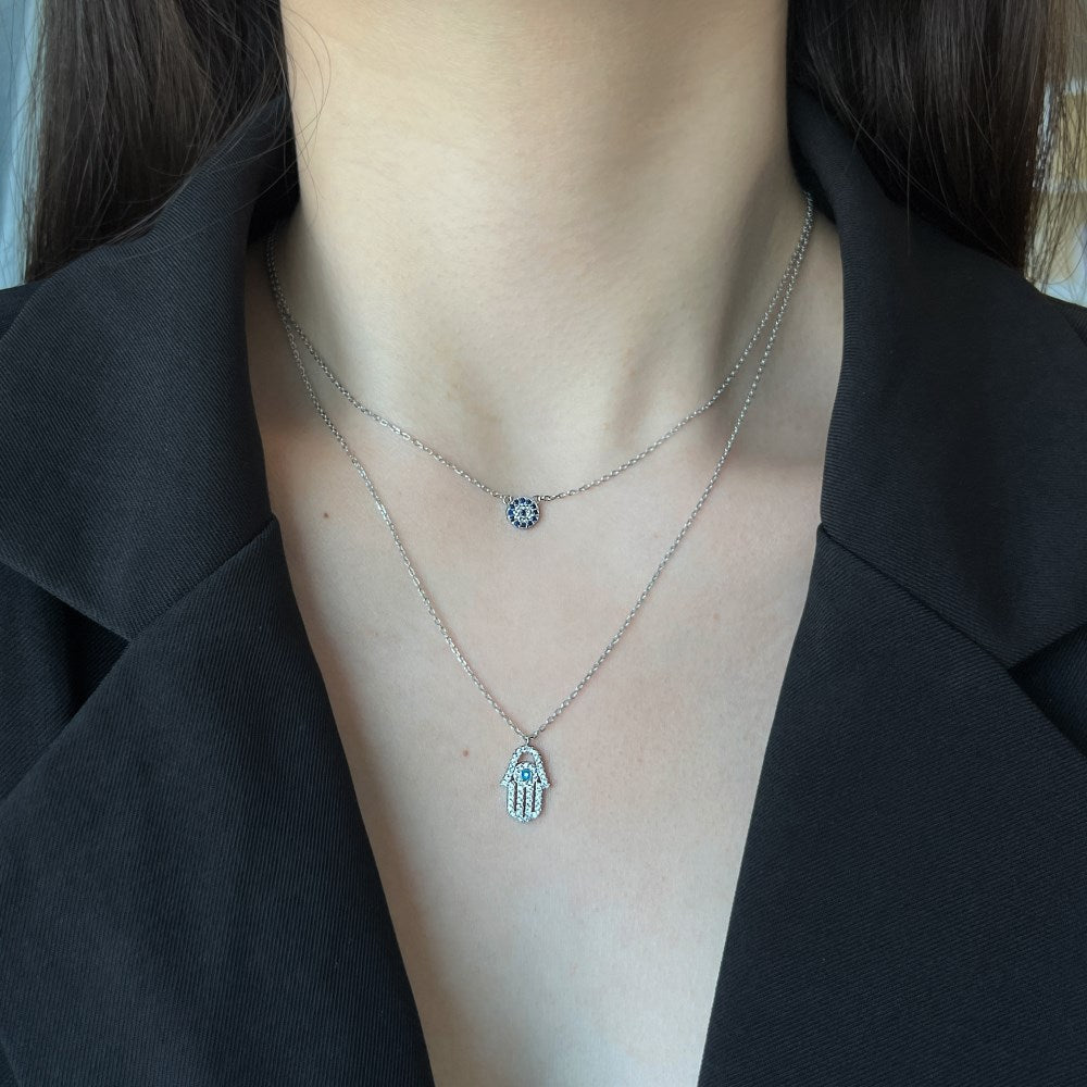 Evil Eye and Hamsa Double Necklace in 925 Sterling Silver, Blue Eye