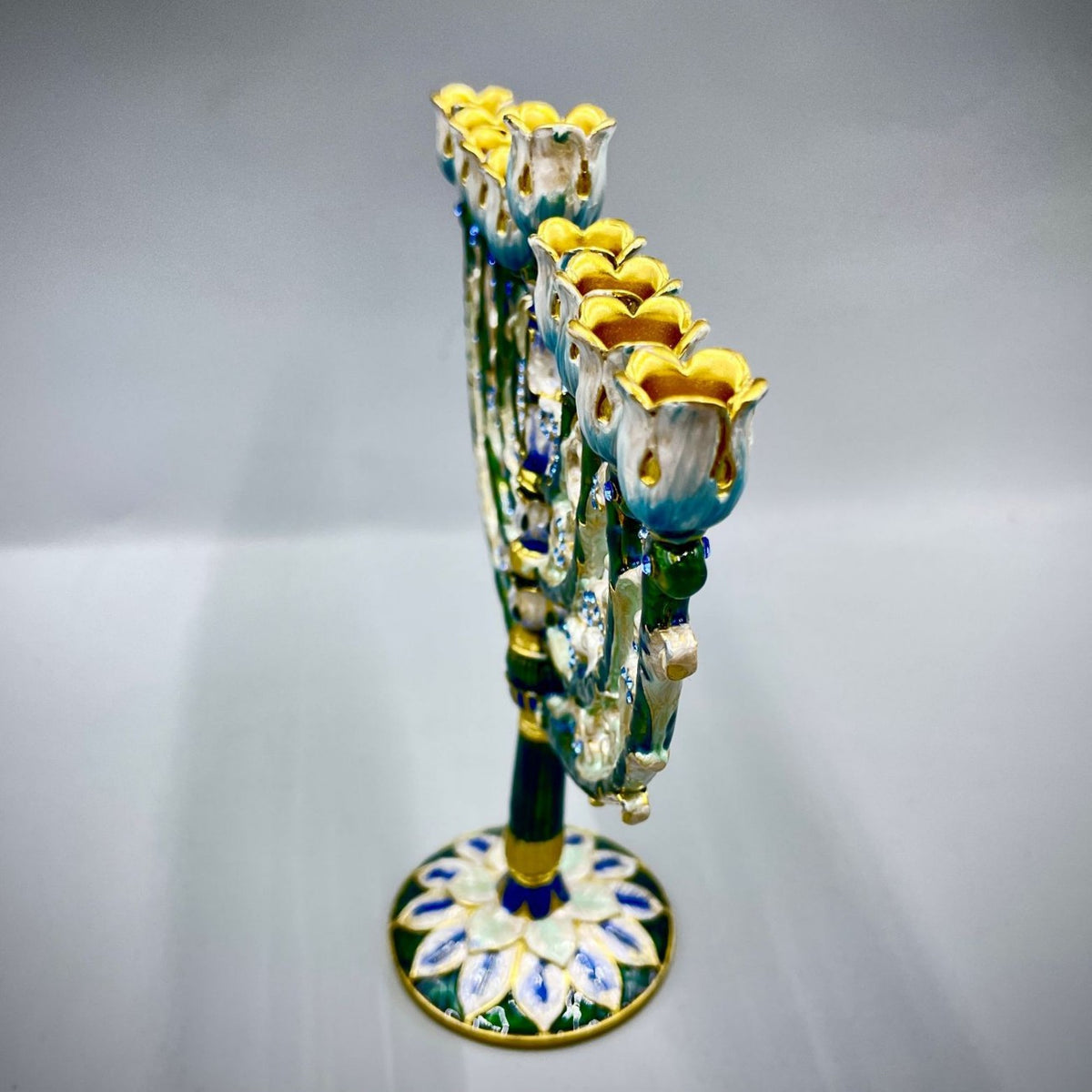 Designer Enamel Hanukkah Menorah, Green & White with Crystal Accents, 16 cm Tall
