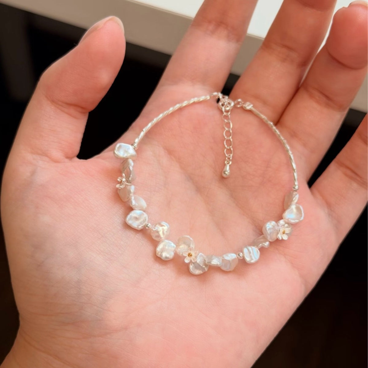 Baroque Pearl Flower Bracelet in 925 Sterling Silver, Freshwater Pearls