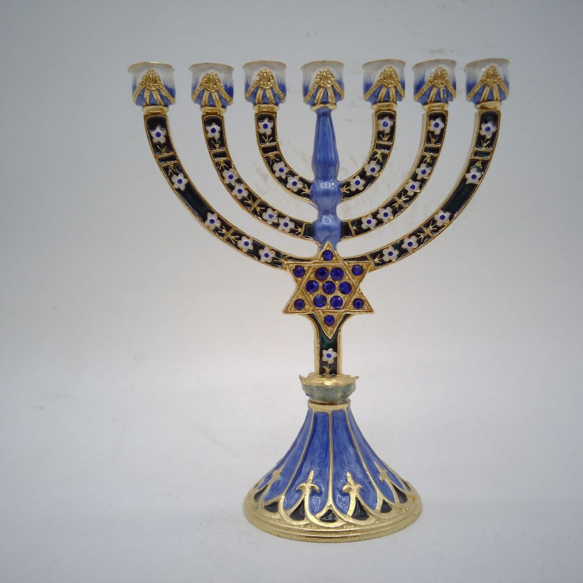 Designer Blue Enamel Hanukkah Menorah with Star of David, 16 cm Tall