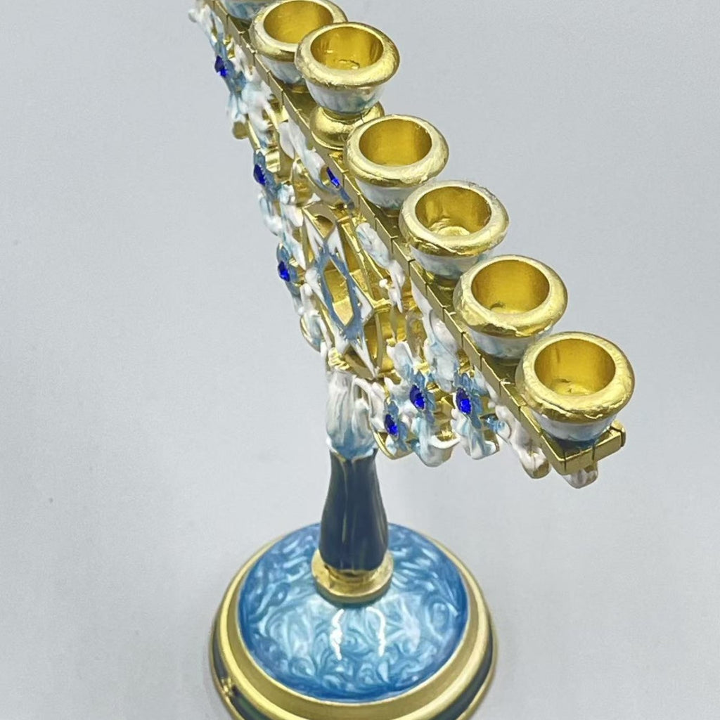 Designer White & Blue Enamel Hanukkah Menorah, Crystal Accents, 18 cm Tall