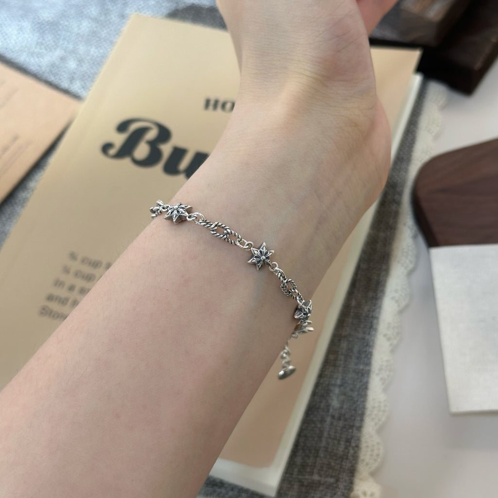 Star Link Bracelet in 925 Sterling Silver, Oxidized Six-Pointed Stars