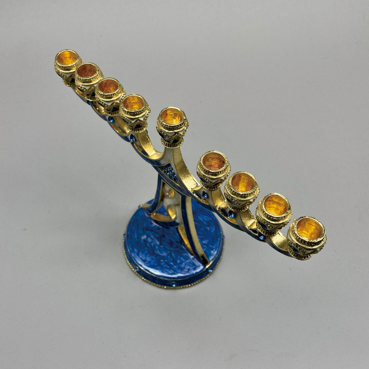Designer Blue Enamel Hanukkah Menorah, Gold Lattice Stem