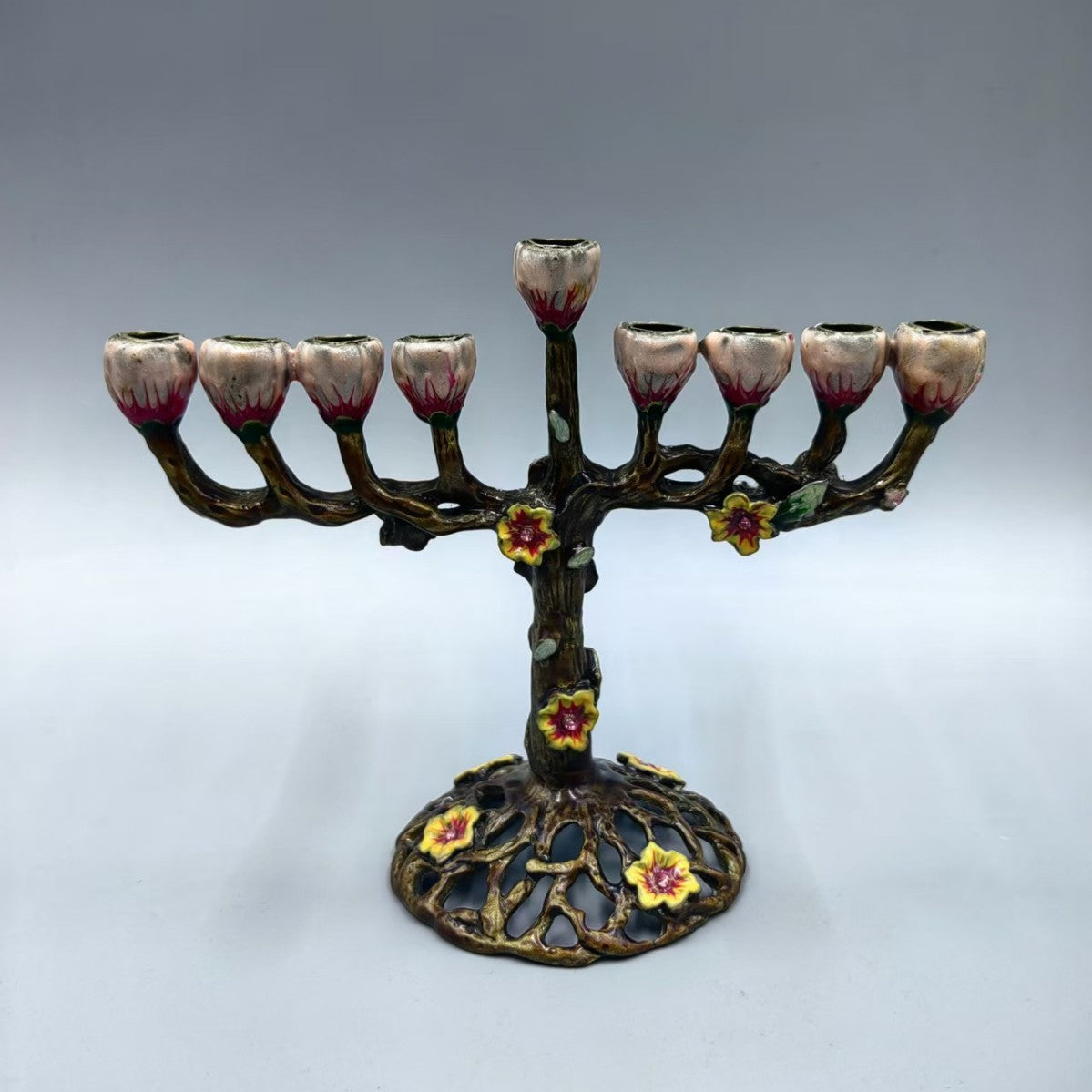 Designer Branch Hanukkah Menorah, Dark Bronze with Rose Cups, 16.5 cm Tall