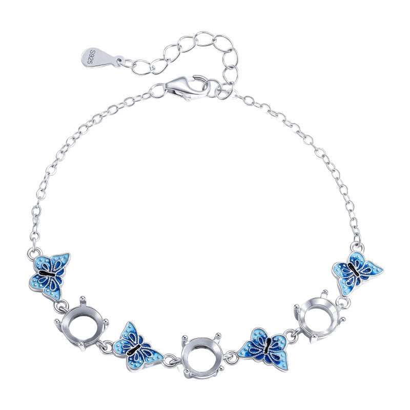 Blue Butterfly Link Bracelet in 925 Sterling Silver, Enamel Butterflies