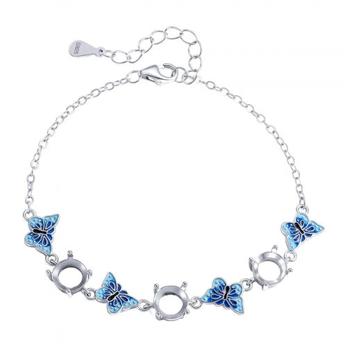 Blue Butterfly Link Bracelet in 925 Sterling Silver, Enamel Butterflies