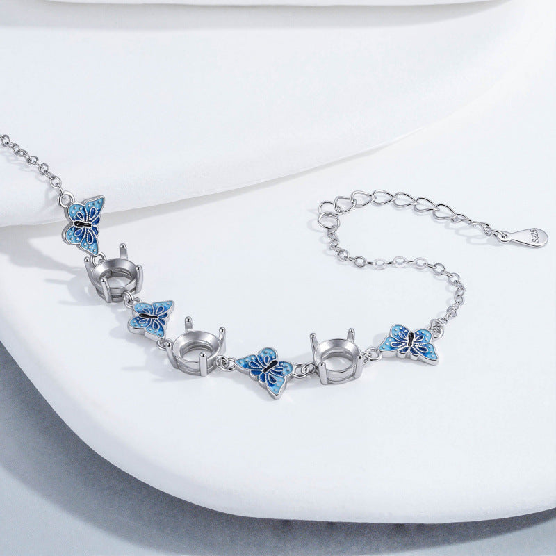 Blue Butterfly Link Bracelet in 925 Sterling Silver, Enamel Butterflies