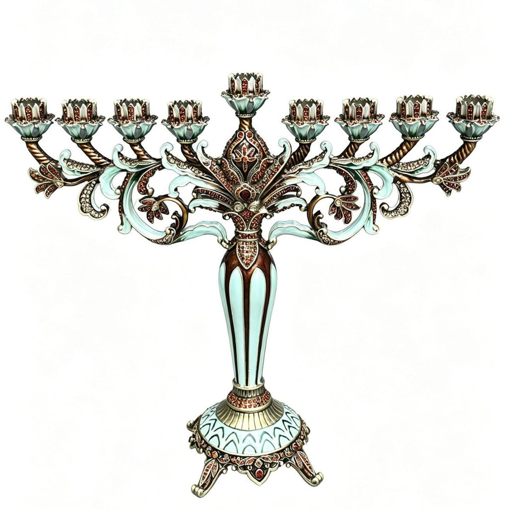 Grand Designer Hanukkah Menorah, Antique Copper & Mint Enamel, 36.5 cm Tall
