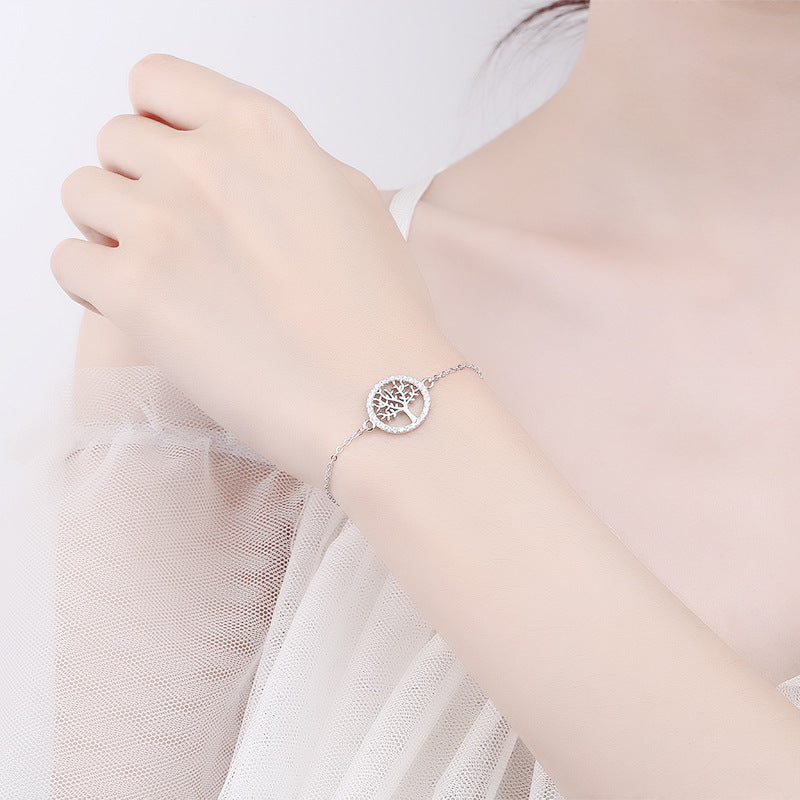 Tree of Life Bracelet in 925 Sterling Silver, Cubic Zirconia Circle