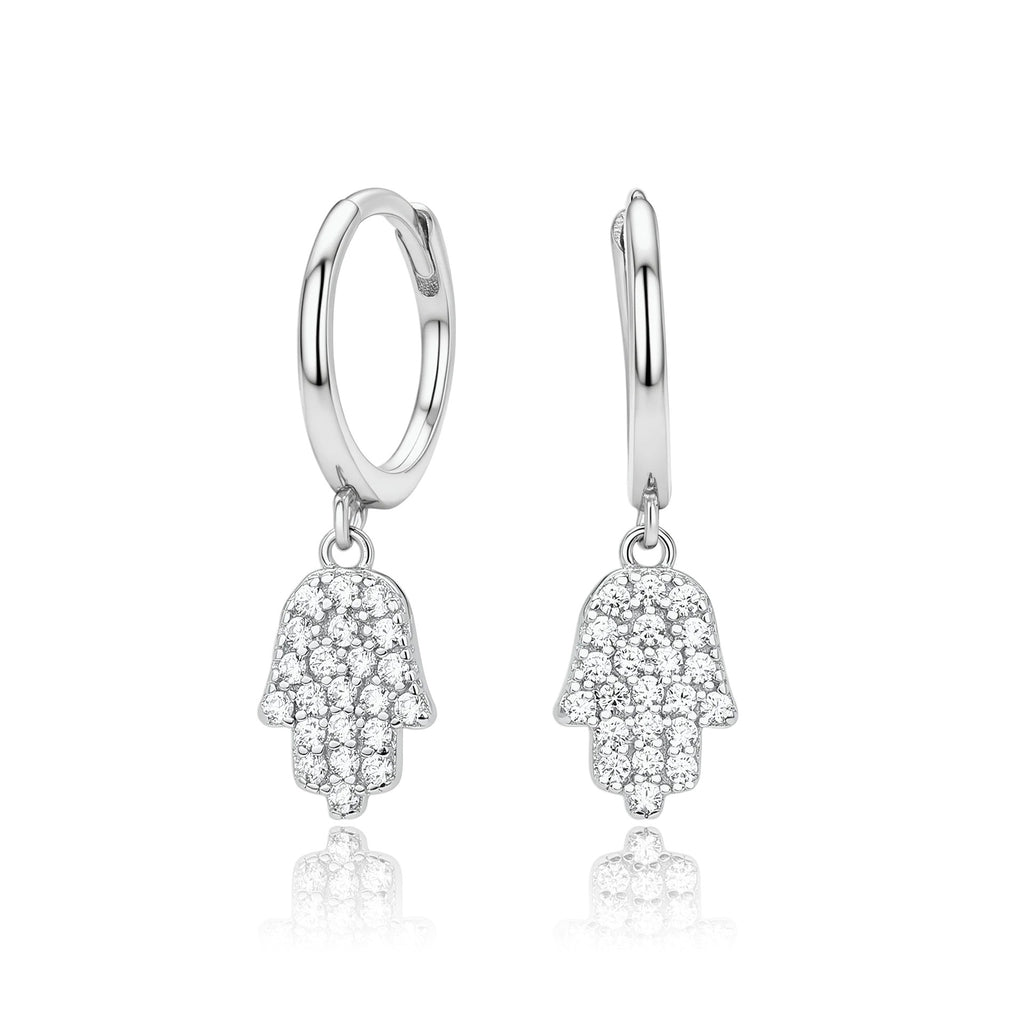 Hamsa Hoop Earrings in 925 Sterling Silver, Pavé Cubic Zirconia