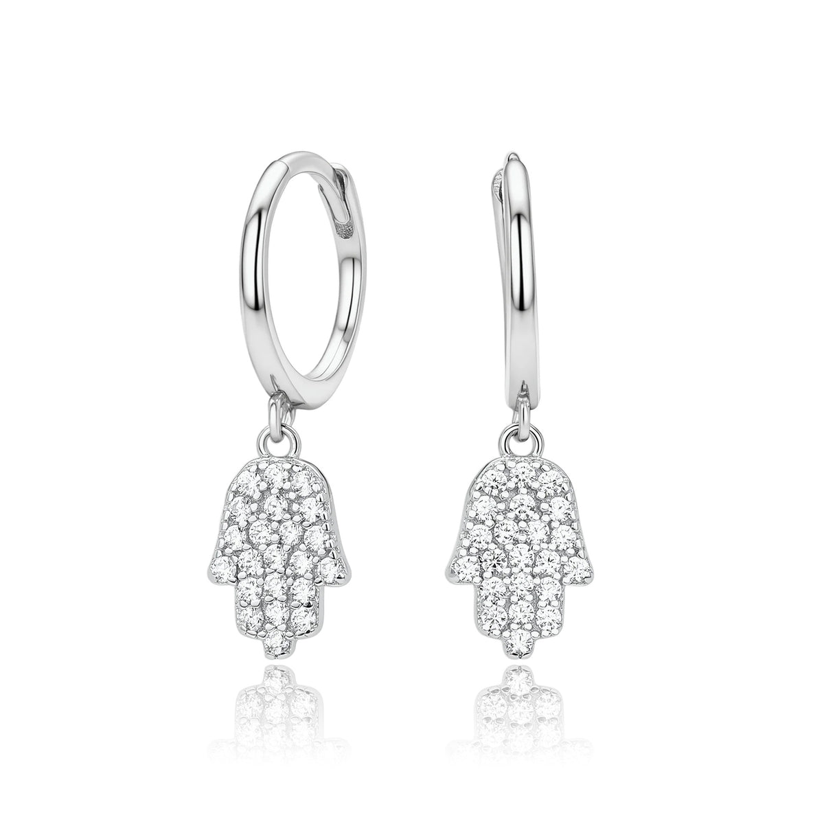 Hamsa Hoop Earrings in 925 Sterling Silver, Pavé Cubic Zirconia