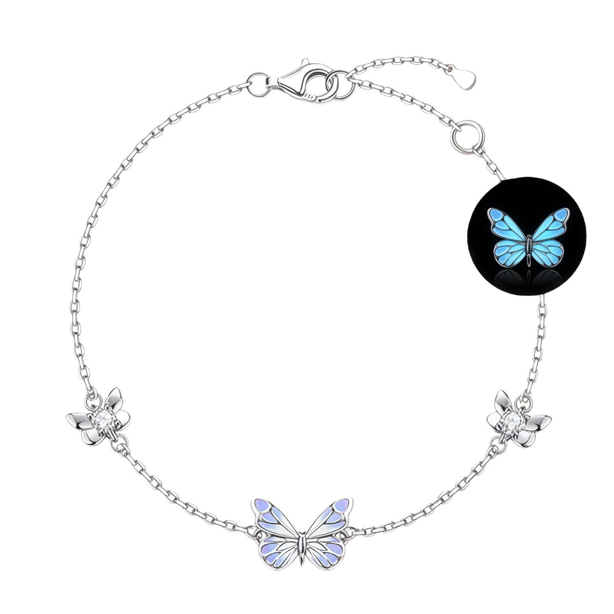 Glow-in-the-Dark Butterfly Necklace in 925 Sterling Silver, Lavender Enamel