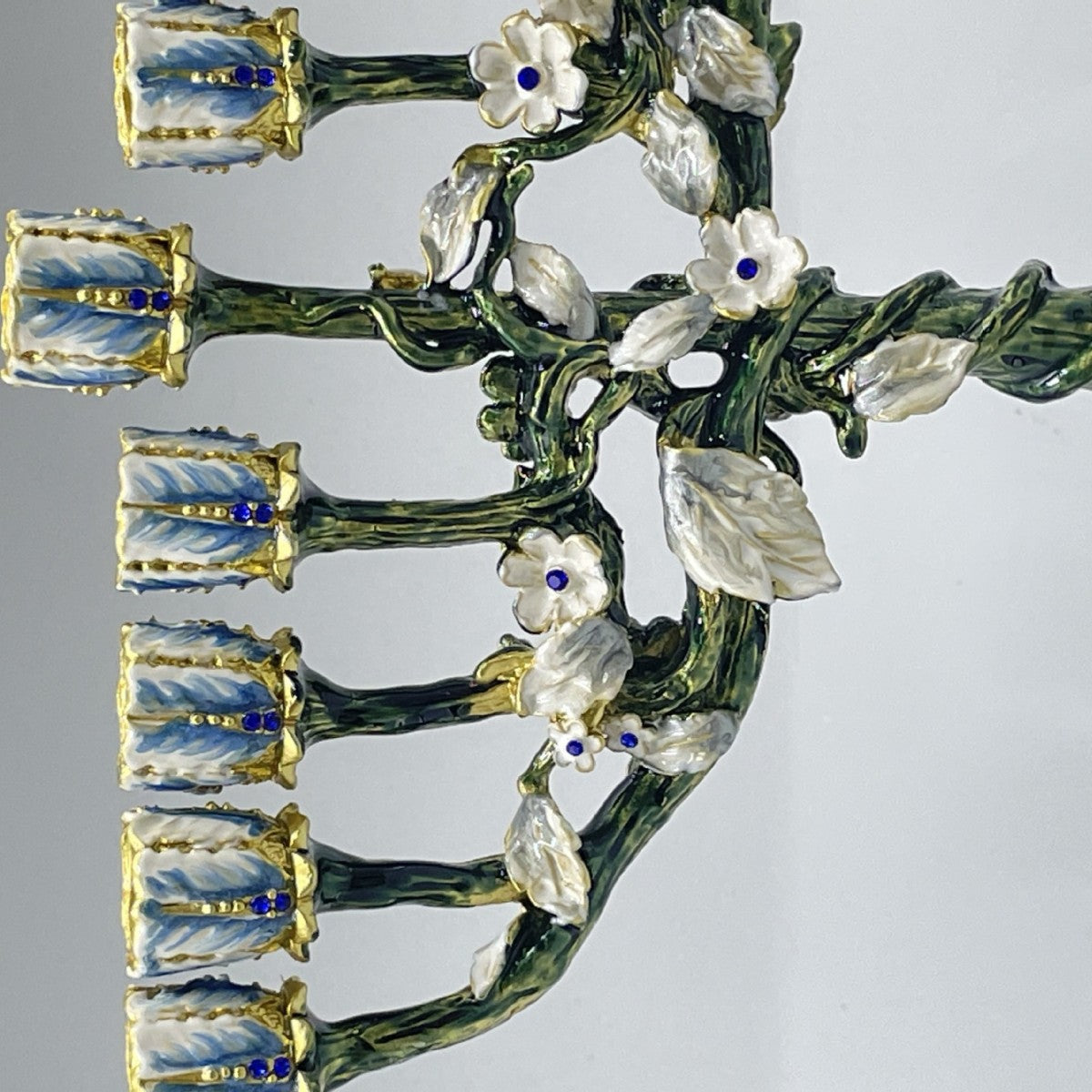 Designer Flowering Tree Hanukkah Menorah, Green Enamel with White Blossoms, 19 cm Tall
