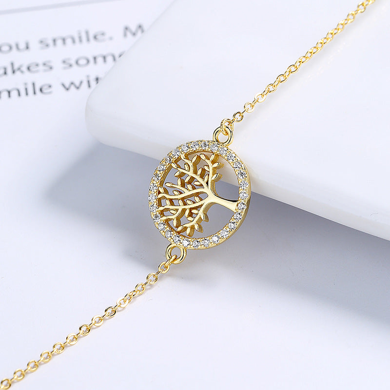 Tree of Life Bracelet in 925 Sterling Silver, Cubic Zirconia Circle