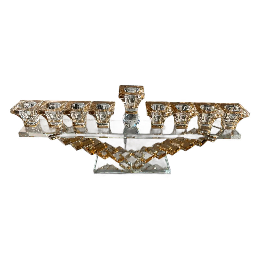 Designer Crystal Glass Hanukkah Menorah, 9 Cups, Clear, Amber or Rainbow