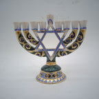 Designer Star of David Hanukkah Menorah, Blue & Gold Enamel, 14 cm Tall