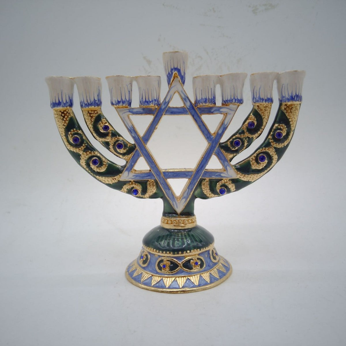 Designer Star of David Hanukkah Menorah, Blue & Gold Enamel, 14 cm Tall