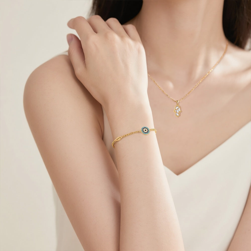 Hamsa Necklace in Gold Plated 925 Sterling Silver, Dainty Pavé