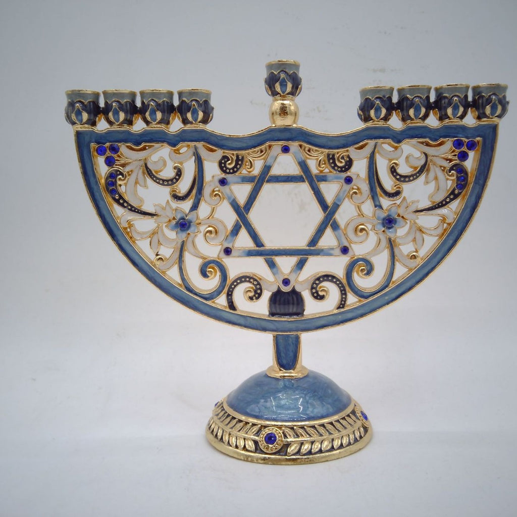 Designer Star of David Arch Hanukkah Menorah, Blue Filigree Enamel, 20 cm Tall