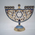 Designer Star of David Arch Hanukkah Menorah, Blue Filigree Enamel, 20 cm Tall