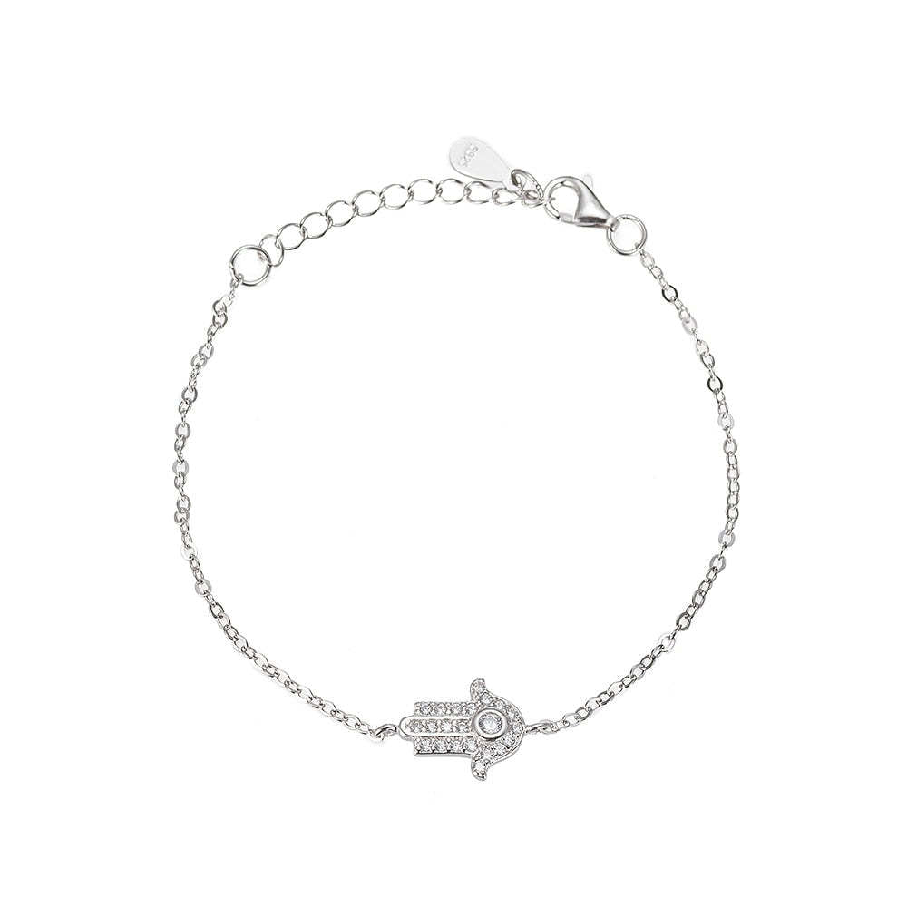 Hamsa Bracelet in 925 Sterling Silver, Pavé Cubic Zirconia Charm