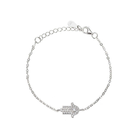Hamsa Bracelet in 925 Sterling Silver, Pavé Cubic Zirconia Charm