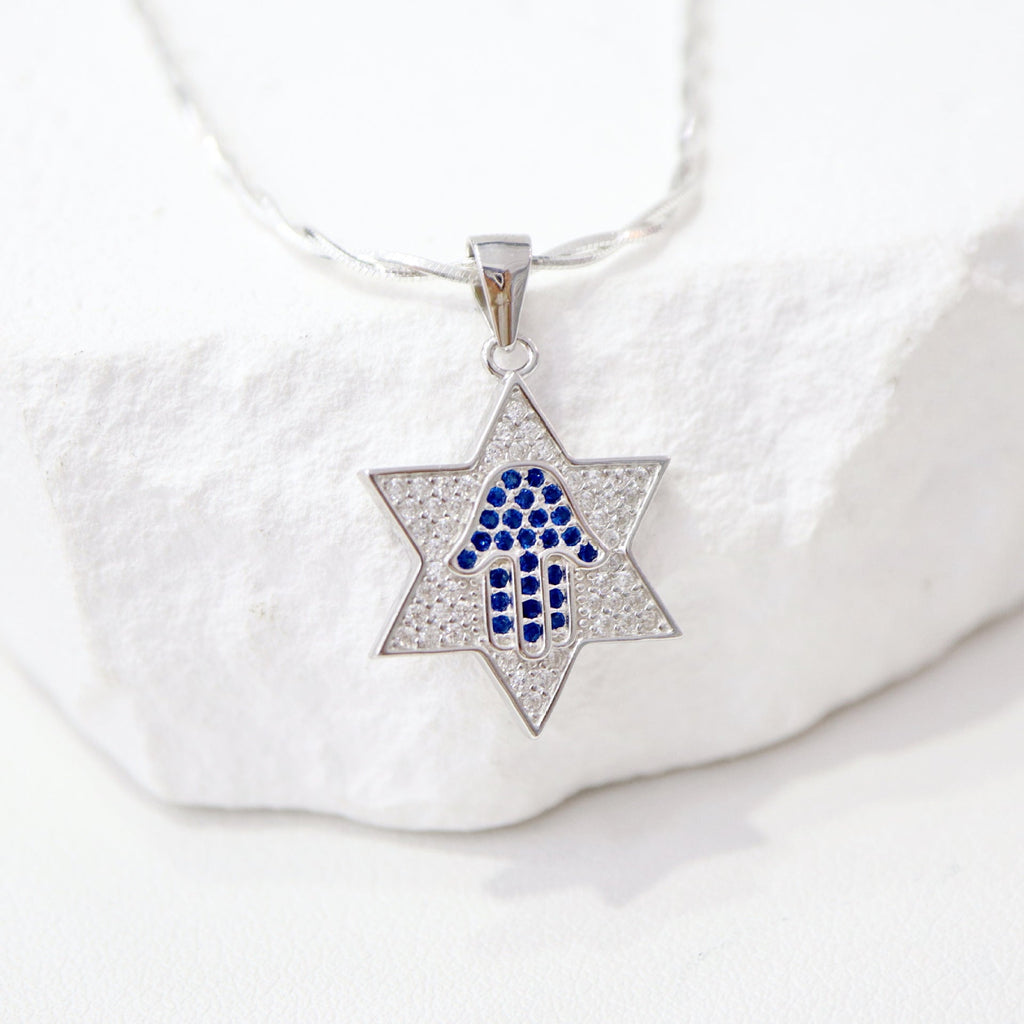 Star of David Necklace with Blue Pavé Hamsa in 925 Sterling Silver, 18 Inch Chain