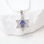 Star of David Necklace with Blue Pavé Hamsa in 925 Sterling Silver, 18 Inch Chain