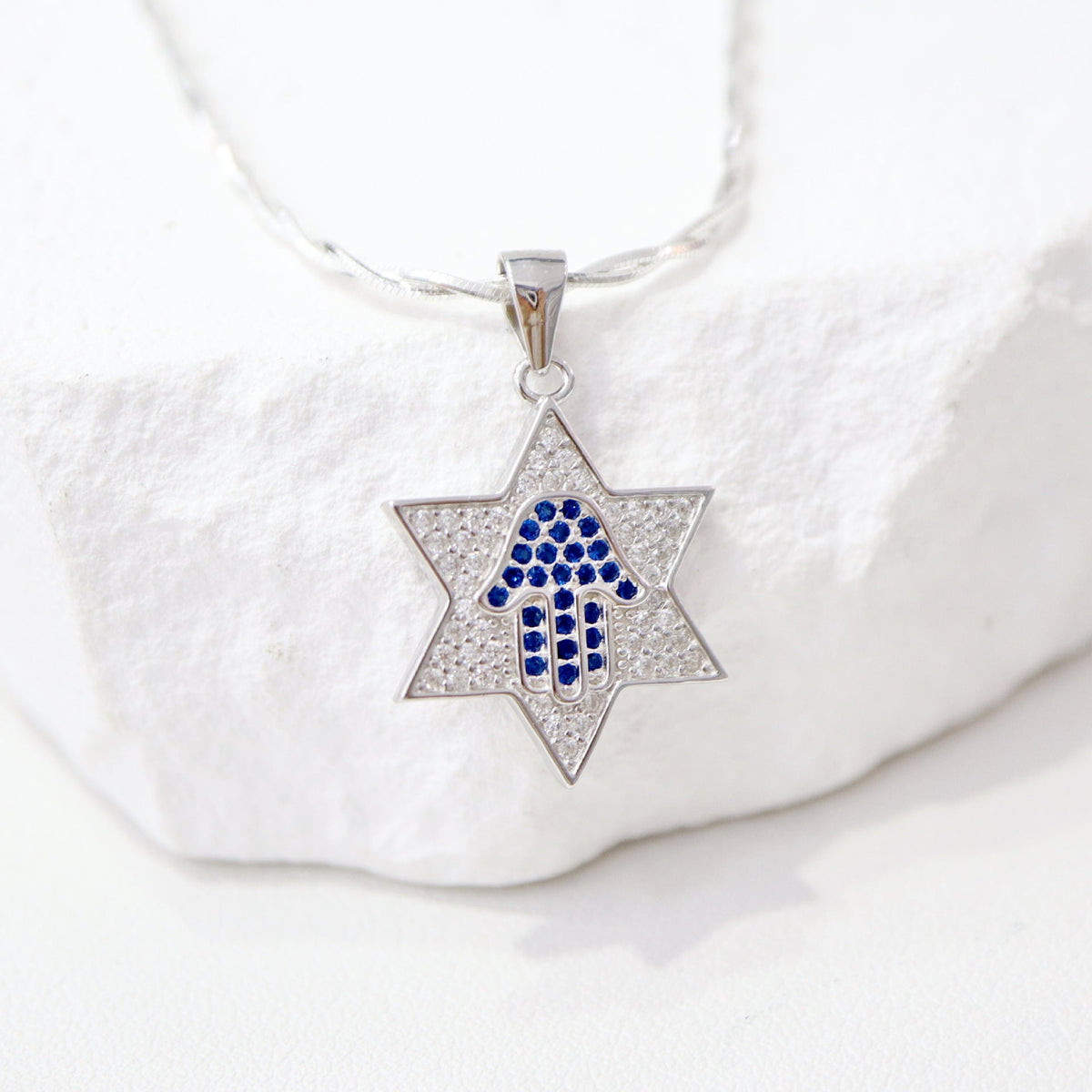 Star of David Necklace with Blue Pavé Hamsa in 925 Sterling Silver, 18 Inch Chain