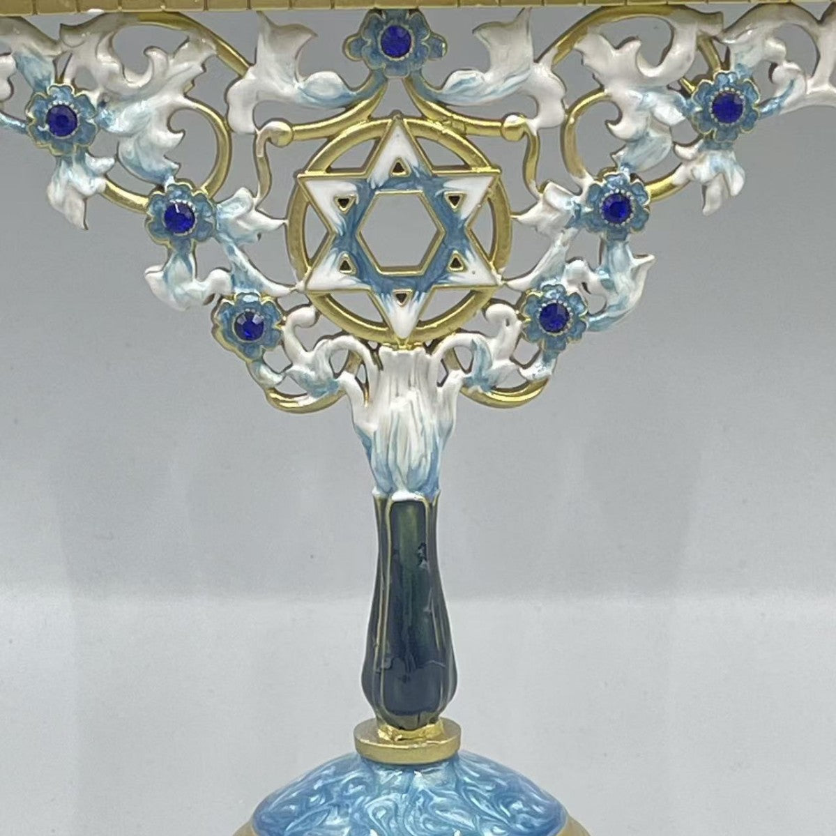 Designer White & Blue Enamel Hanukkah Menorah, Crystal Accents, 18 cm Tall