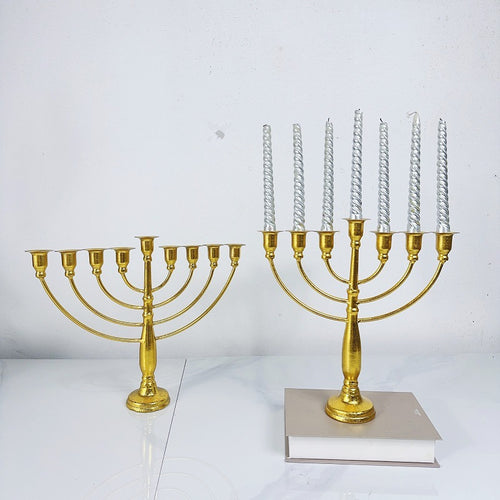Classic Gold Menorah, 30 cm Tall, 9-Branch Hanukkah or 7-Branch Temple Style