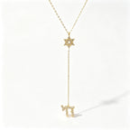 Star of David & Chai Lariat Necklace in Gold Plated 925 Sterling Silver, Cubic Zirconia