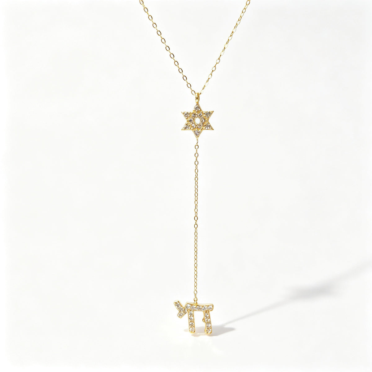 Star of David & Chai Lariat Necklace in Gold Plated 925 Sterling Silver, Cubic Zirconia