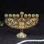 Designer Teal Enamel Hanukkah Menorah, Lapis Blue Base, 16 cm Tall