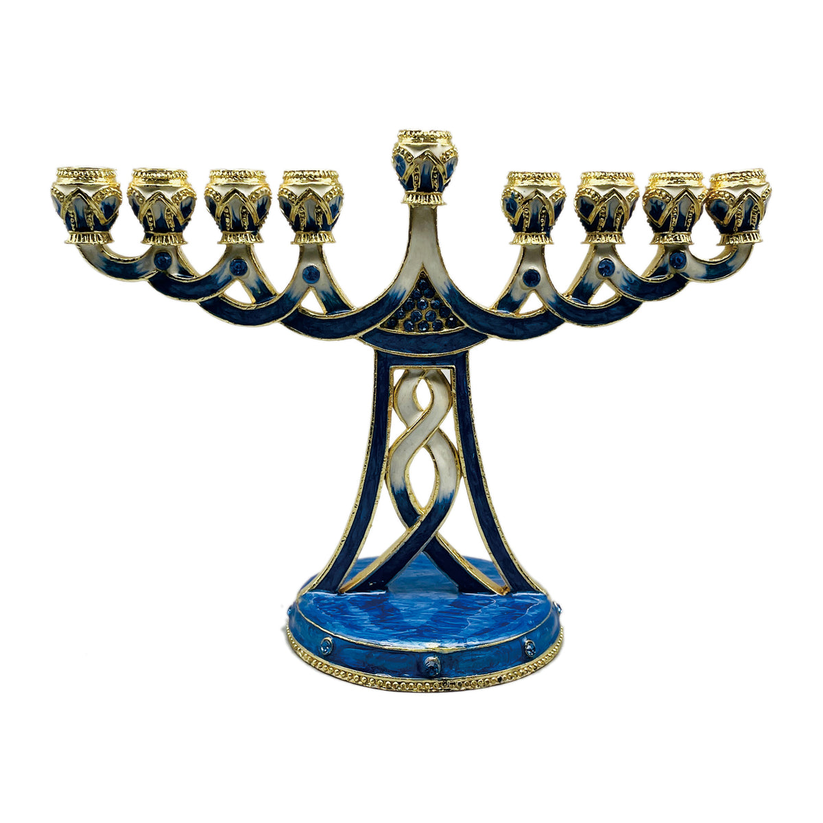 Designer Blue Enamel Hanukkah Menorah, Gold Lattice Stem