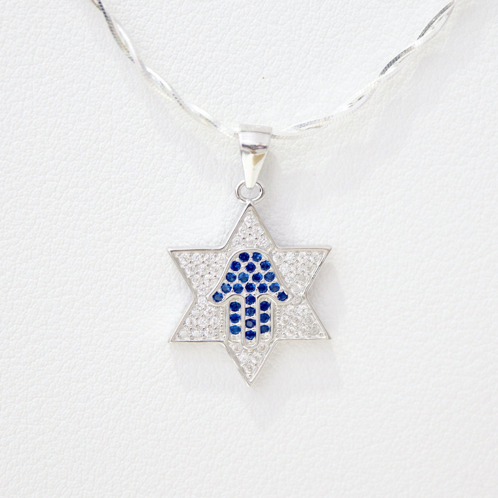 Star of David Necklace with Blue Pavé Hamsa in 925 Sterling Silver, 18 Inch Chain