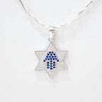 Star of David Necklace with Blue Pavé Hamsa in 925 Sterling Silver, 18 Inch Chain