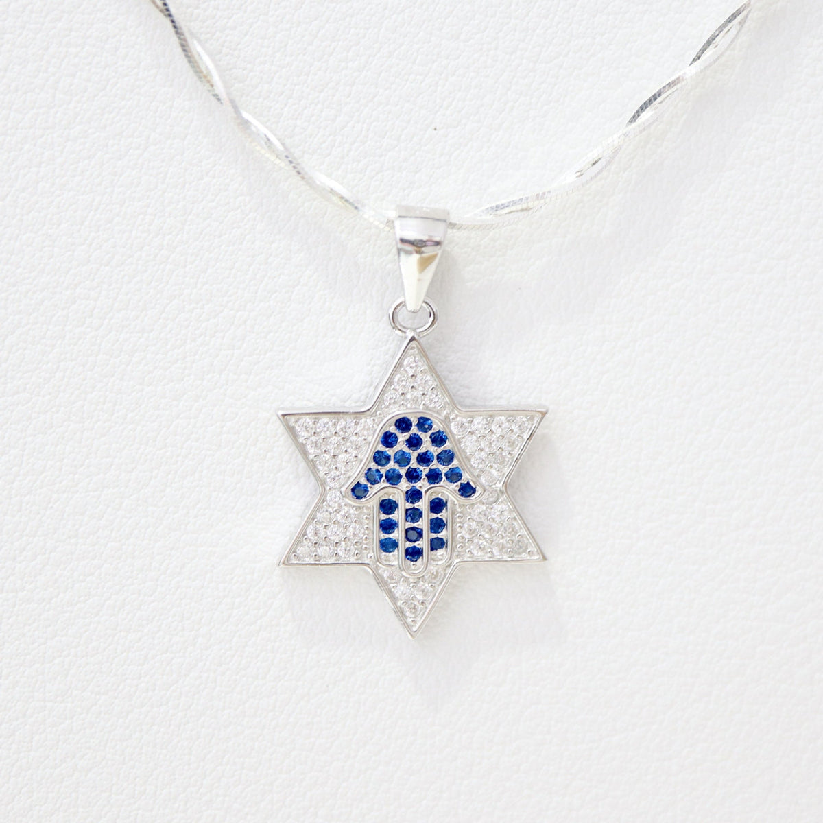 Star of David Necklace with Blue Pavé Hamsa in 925 Sterling Silver, 18 Inch Chain