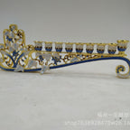 Designer Low-Profile Hanukkah Menorah, Gold & Blue Enamel Scroll, 24 cm Wide
