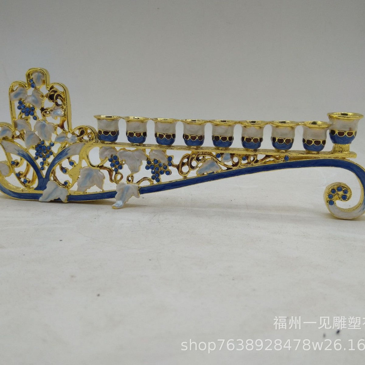 Designer Low-Profile Hanukkah Menorah, Gold & Blue Enamel Scroll, 24 cm Wide